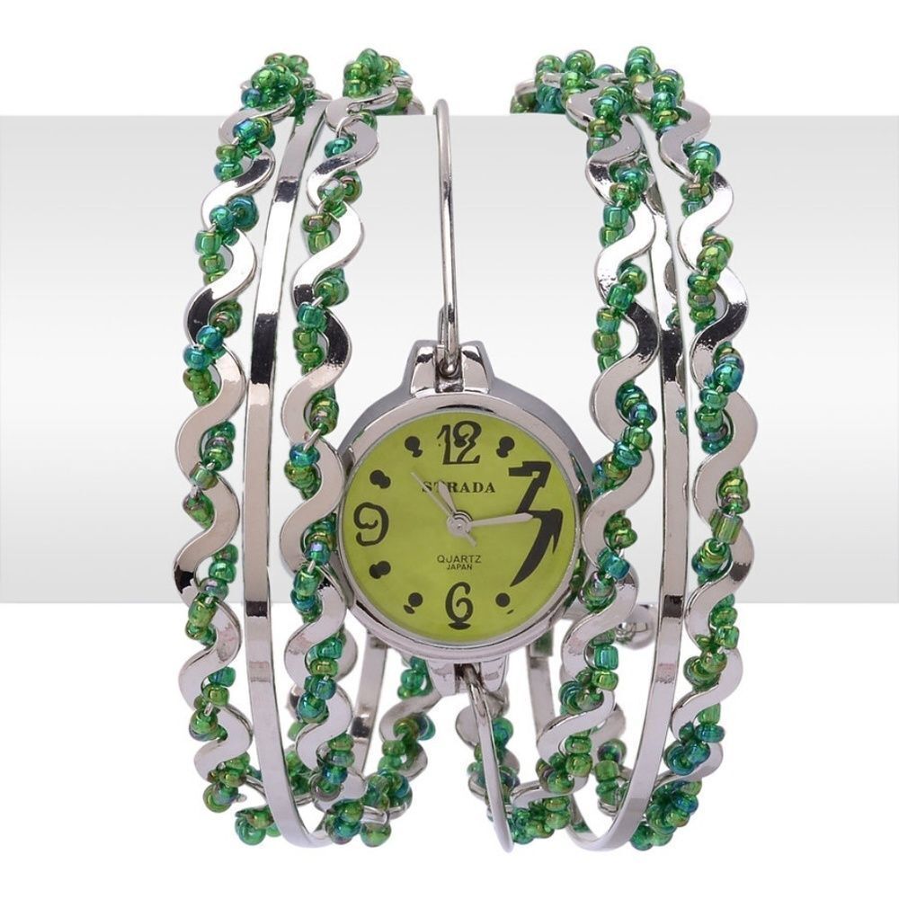 STRADA Cuff Watch With Green Bead - Picture 2 of 4